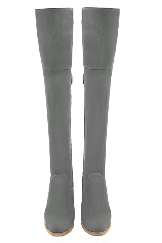 Dove grey women's leather thigh-high boots. Round toe. Low leather soles. Made to measure. Top view - Florence KOOIJMAN